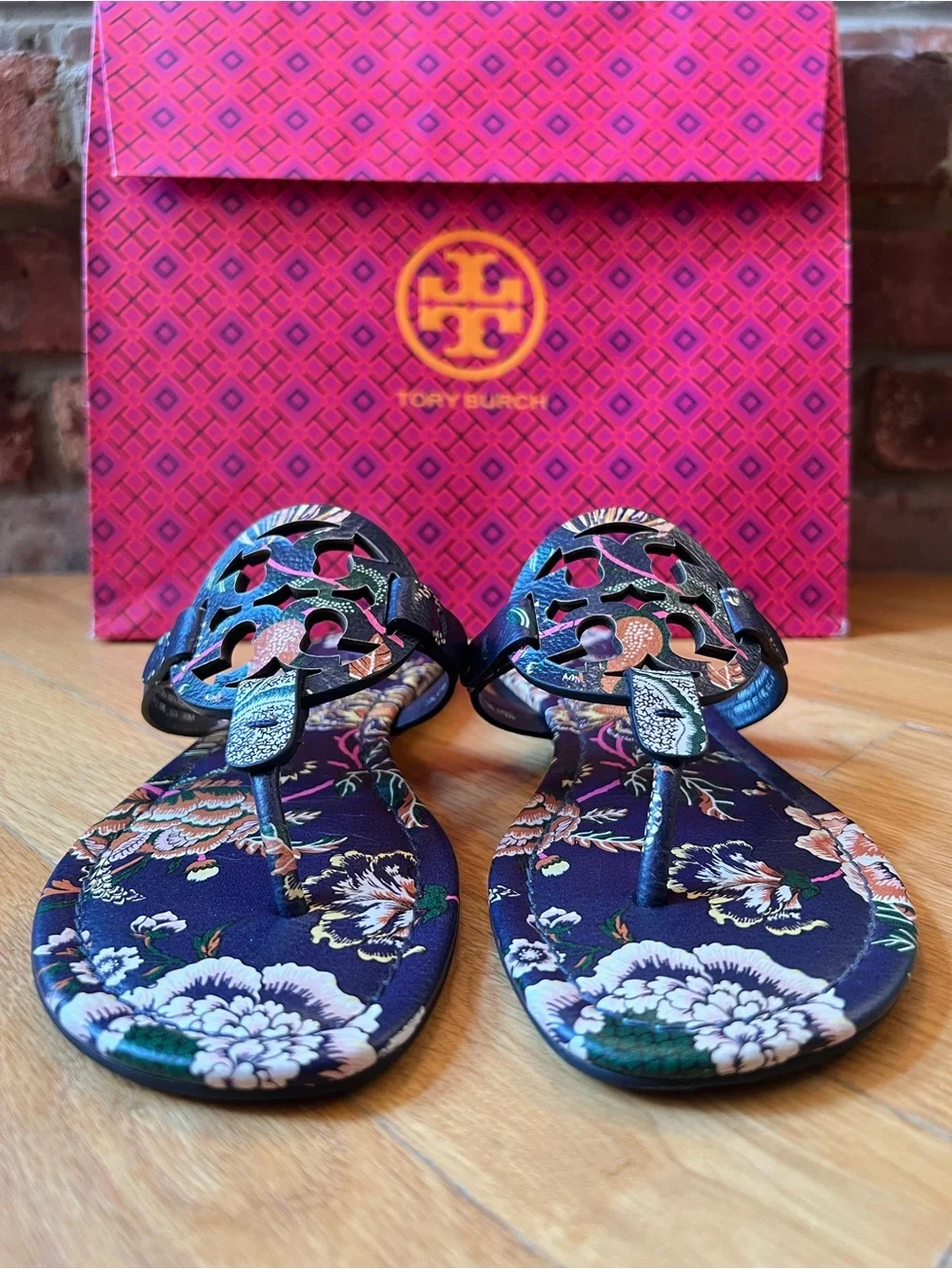 Tory Burch Happy Times Navy Floral Printed Tumbled Leather Miller Sandals